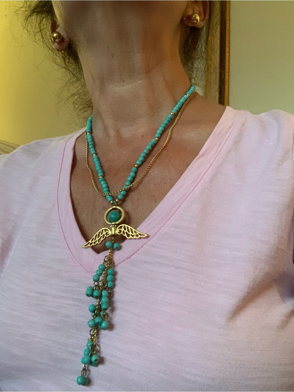 Gold and Turquoise Beaded Angel Wing Lariat Necklace - Women Jewelry